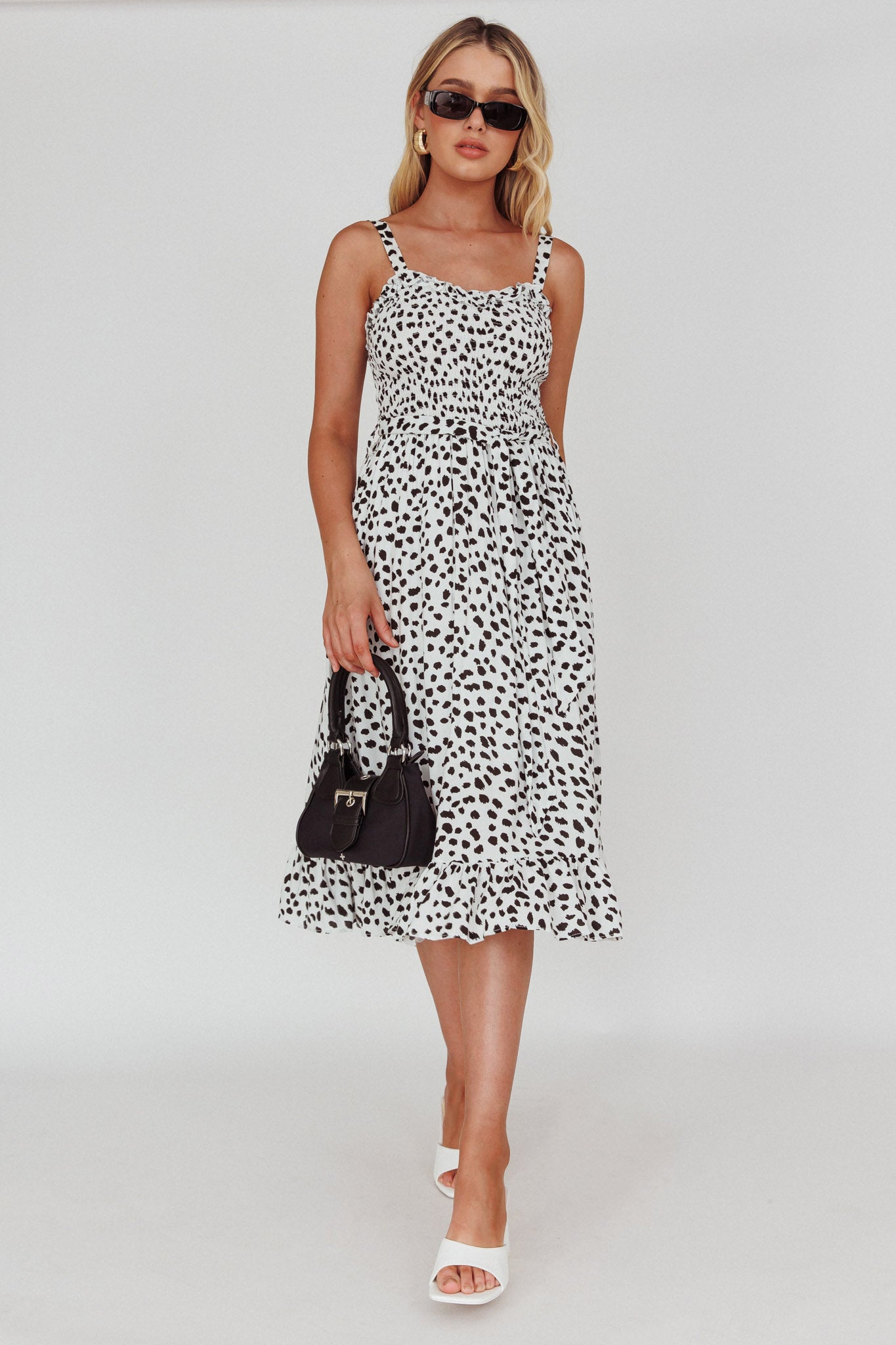 Honey Shirred Frill Midi Dress White/Black-Maymioy