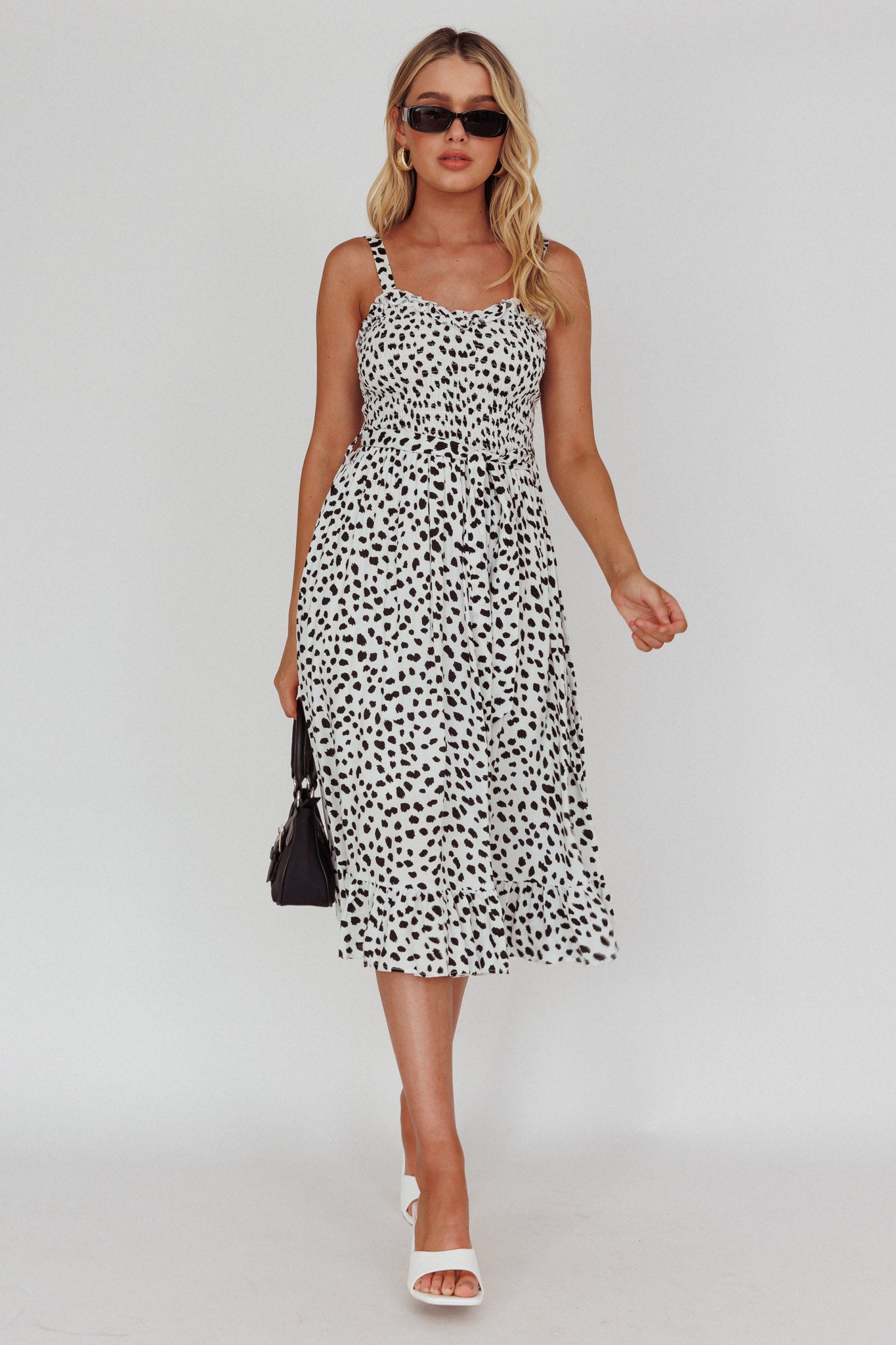 Honey Shirred Frill Midi Dress White/Black-Maymioy