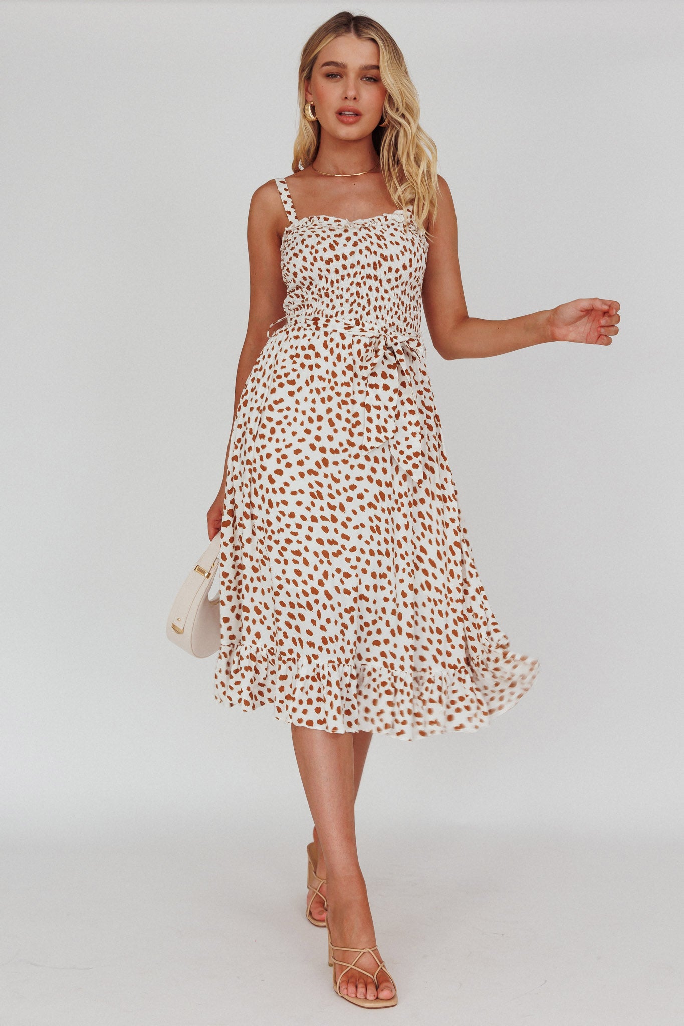 Honey Shirred Frill Midi Dress White/Brown-Maymioy