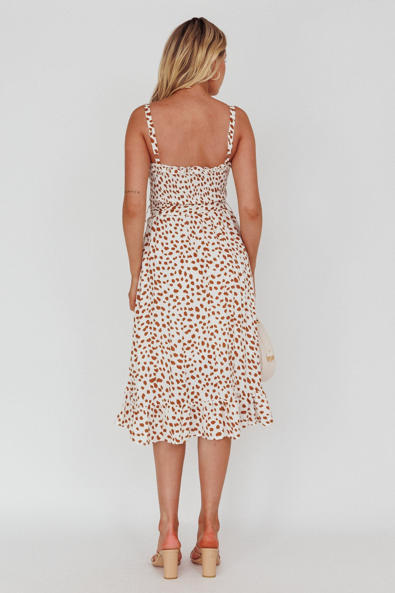Honey Shirred Frill Midi Dress White/Brown-Maymioy