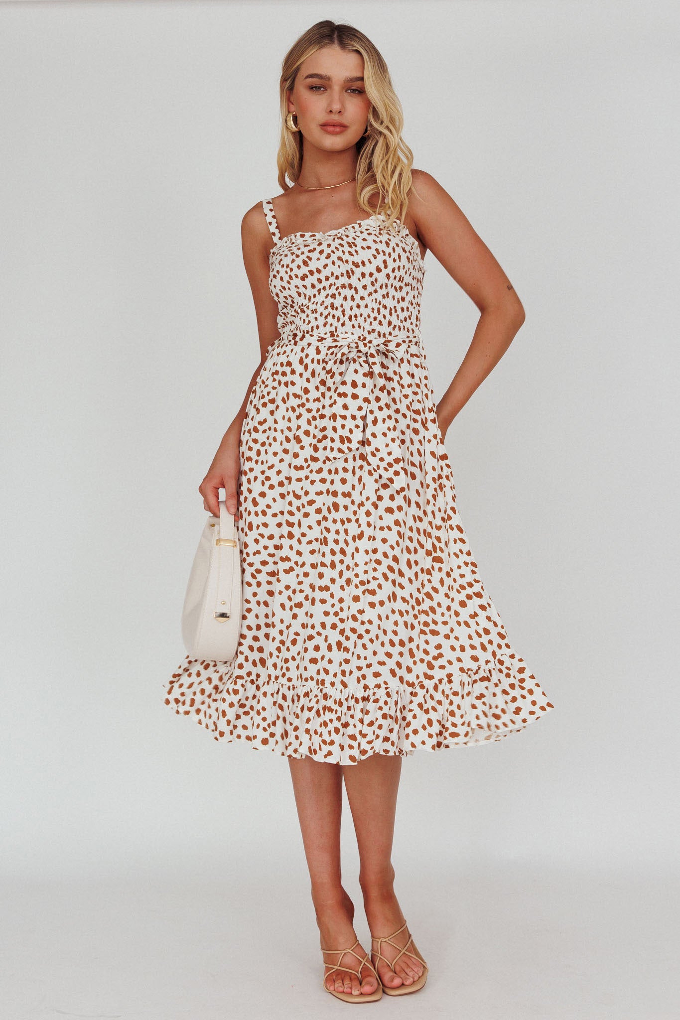 Honey Shirred Frill Midi Dress White/Brown-Maymioy