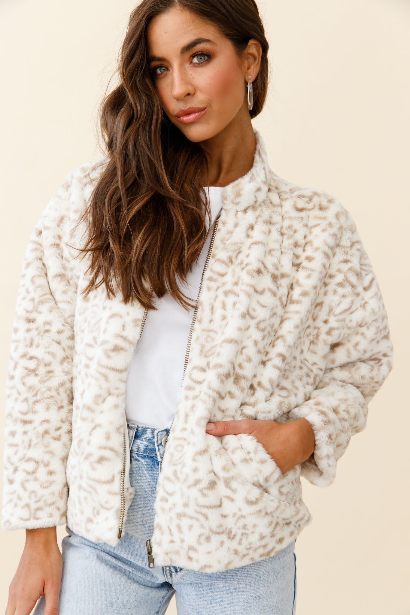 Wyoming Front Pocket Printed Fur Jacket White/Beige-Maymioy