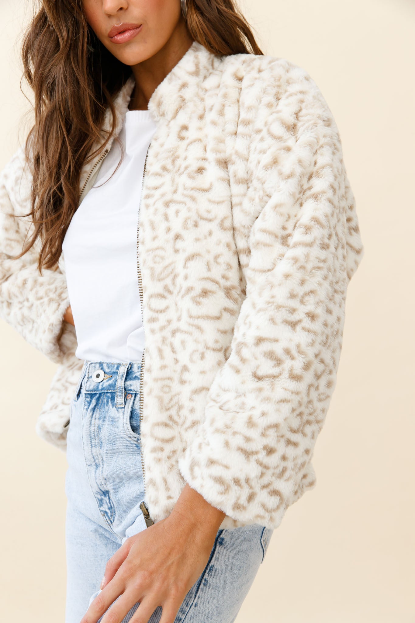Wyoming Front Pocket Printed Fur Jacket White/Beige-Maymioy