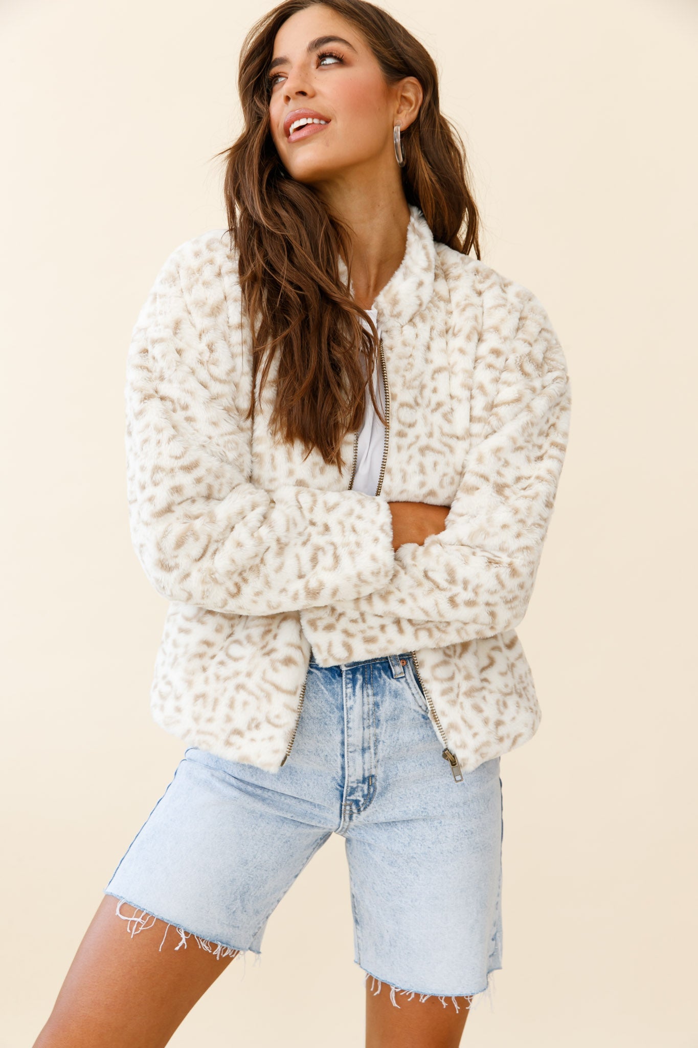 Wyoming Front Pocket Printed Fur Jacket White/Beige-Maymioy