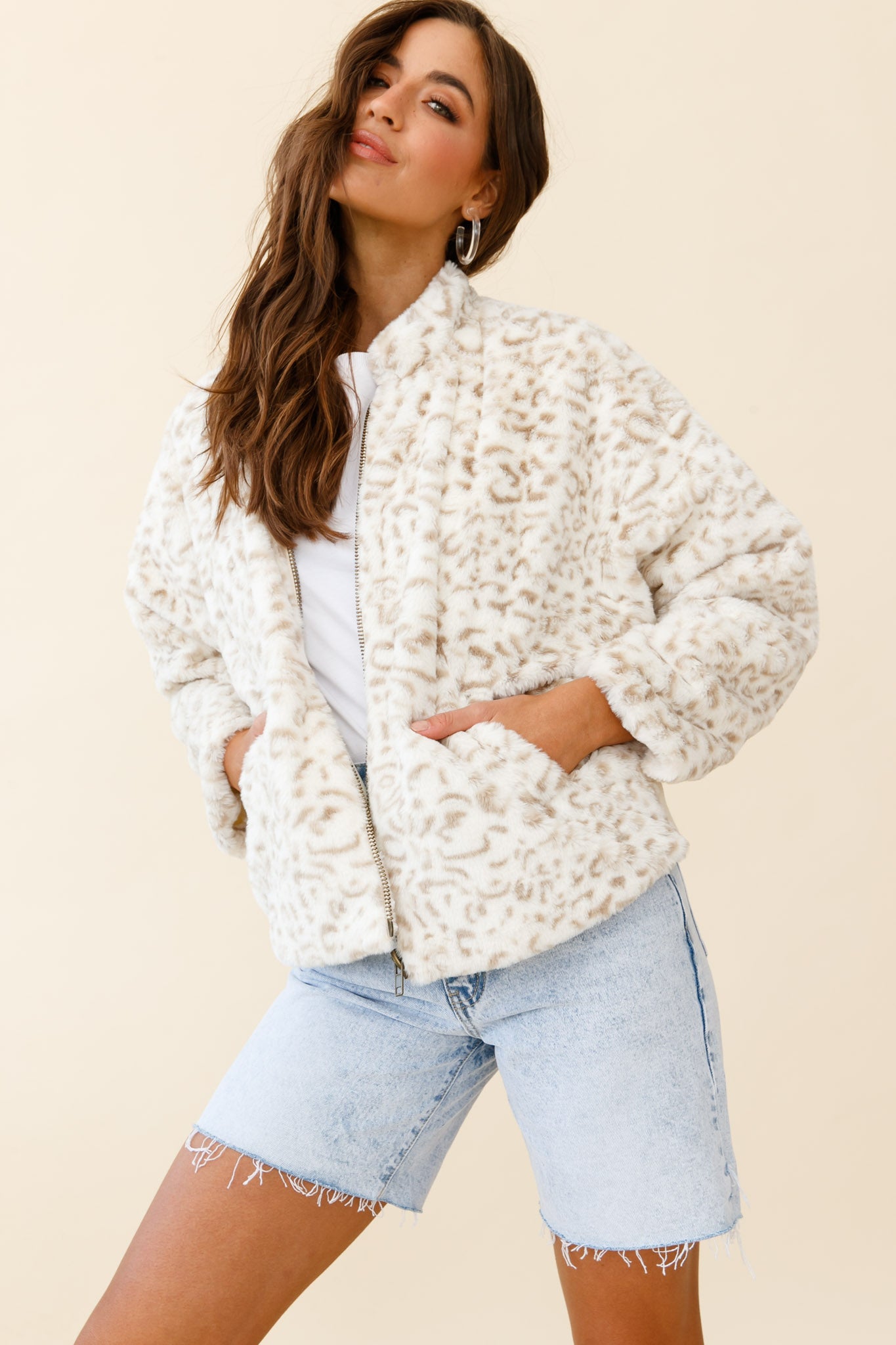 Wyoming Front Pocket Printed Fur Jacket White/Beige-Maymioy