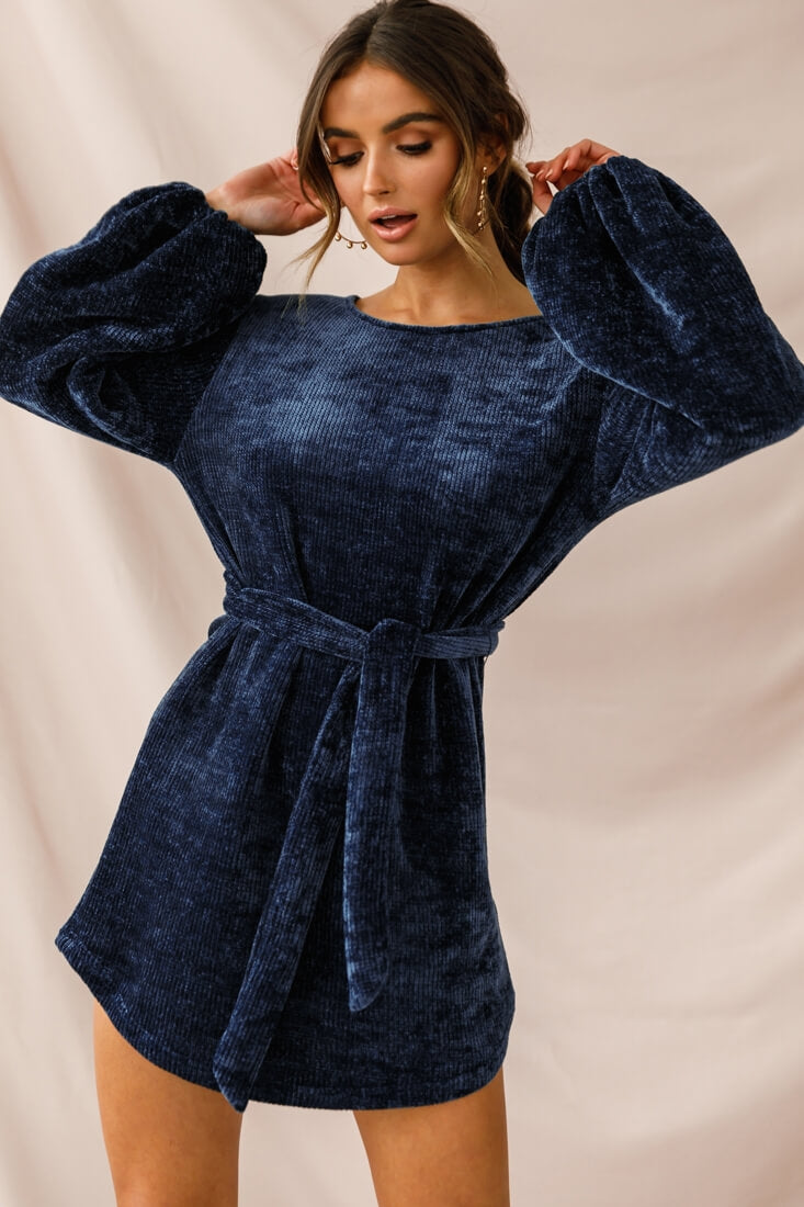 Diva Velvet Yarn Knit Dress Navy-Maymioy