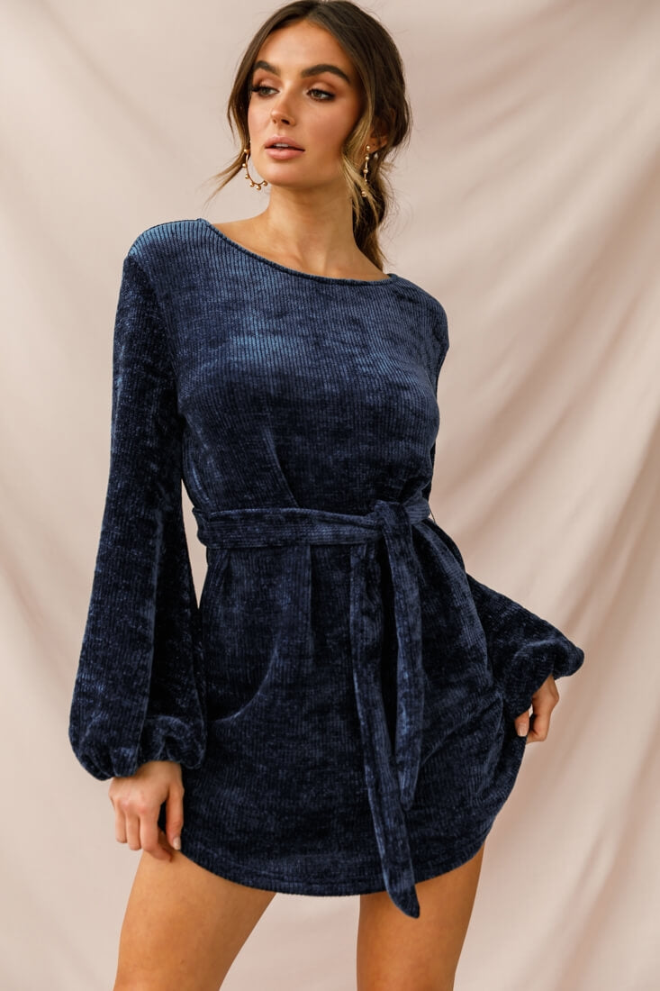Diva Velvet Yarn Knit Dress Navy-Maymioy