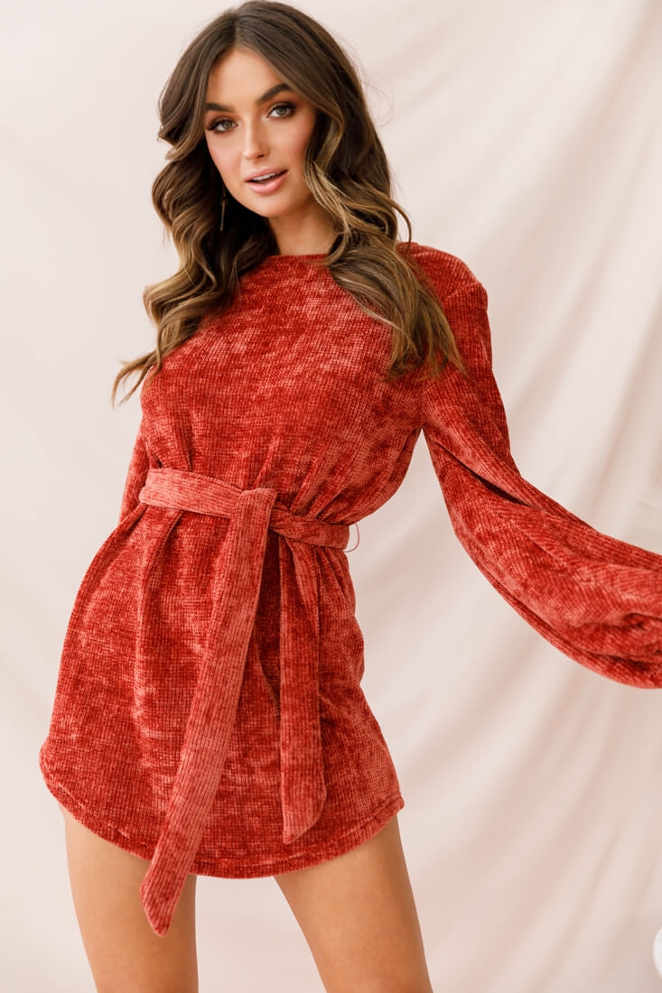 Diva Velvet Yarn Knit Dress Rust-Maymioy