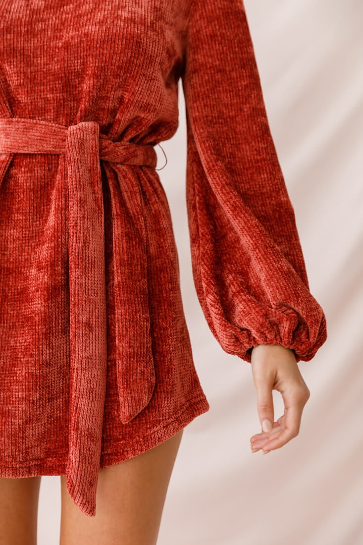Diva Velvet Yarn Knit Dress Rust-Maymioy