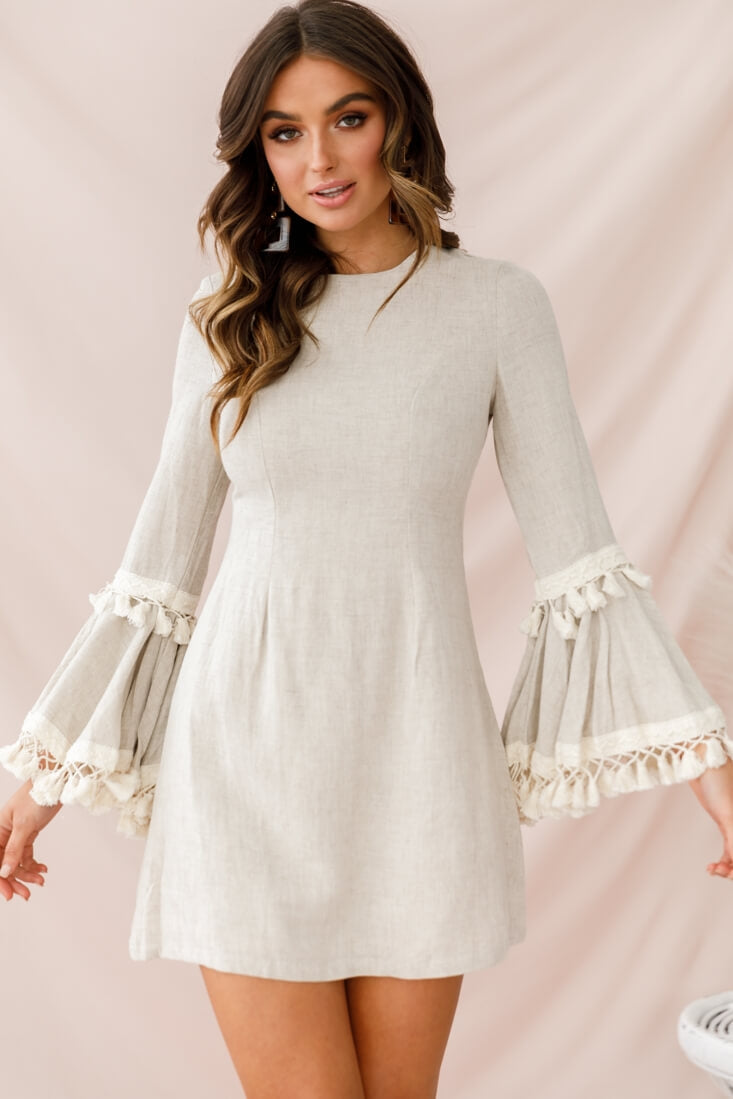 Sahara Tassel Trim Bell Sleeve Dress Beige-Maymioy