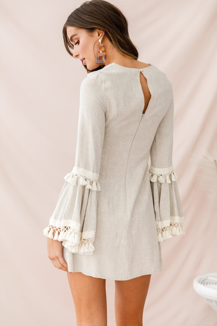 Sahara Tassel Trim Bell Sleeve Dress Beige-Maymioy