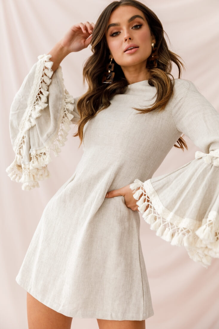 Sahara Tassel Trim Bell Sleeve Dress Beige-Maymioy