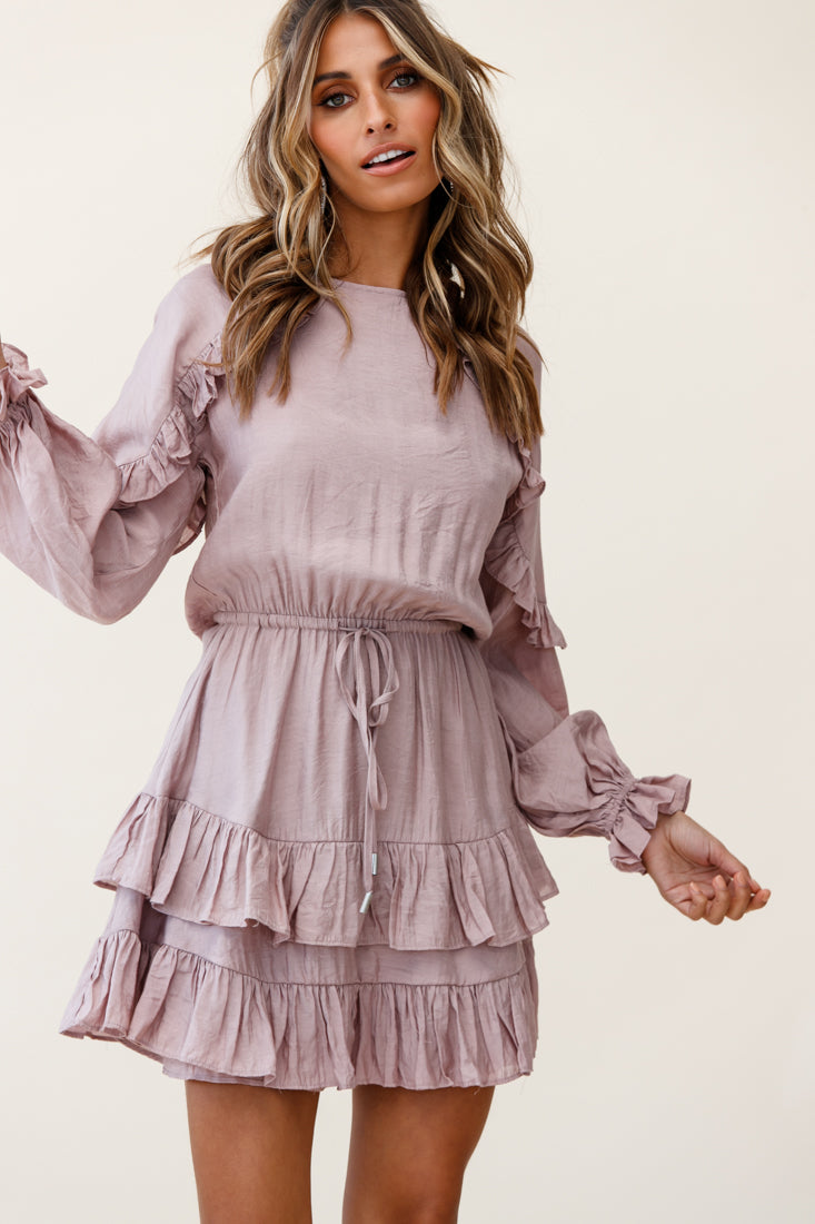 Best Wishes Long Sleeve Frill Detail Dress Mocha-Maymioy
