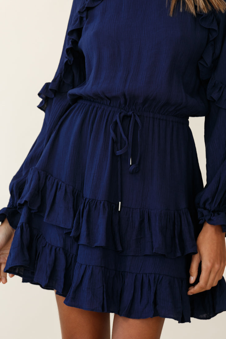 Best Wishes Long Sleeve Frill Detail Dress Navy-Maymioy