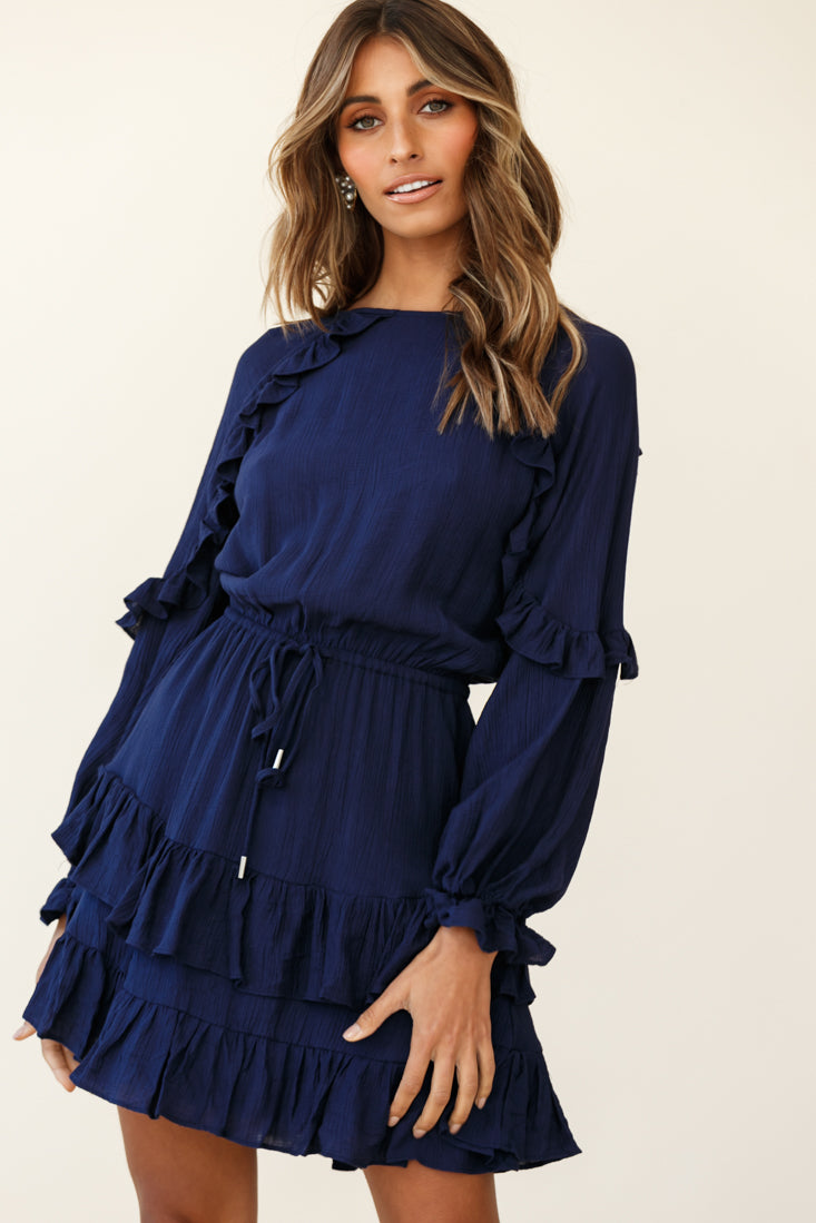 Best Wishes Long Sleeve Frill Detail Dress Navy-Maymioy