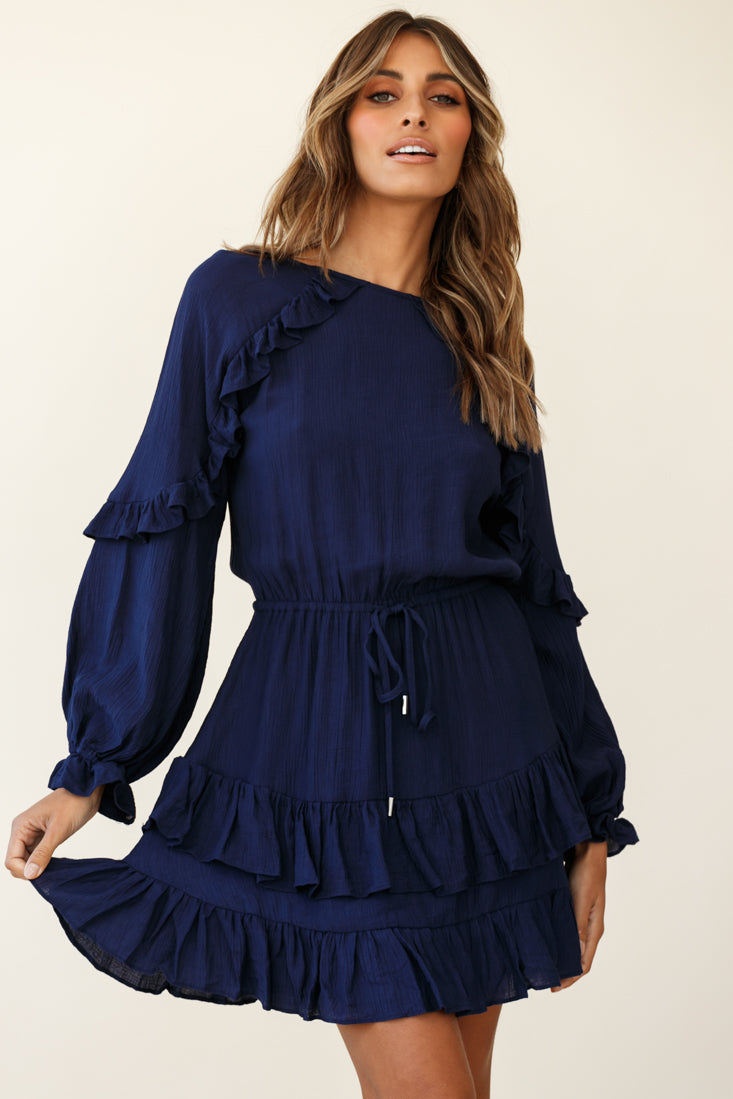 Best Wishes Long Sleeve Frill Detail Dress Navy-Maymioy