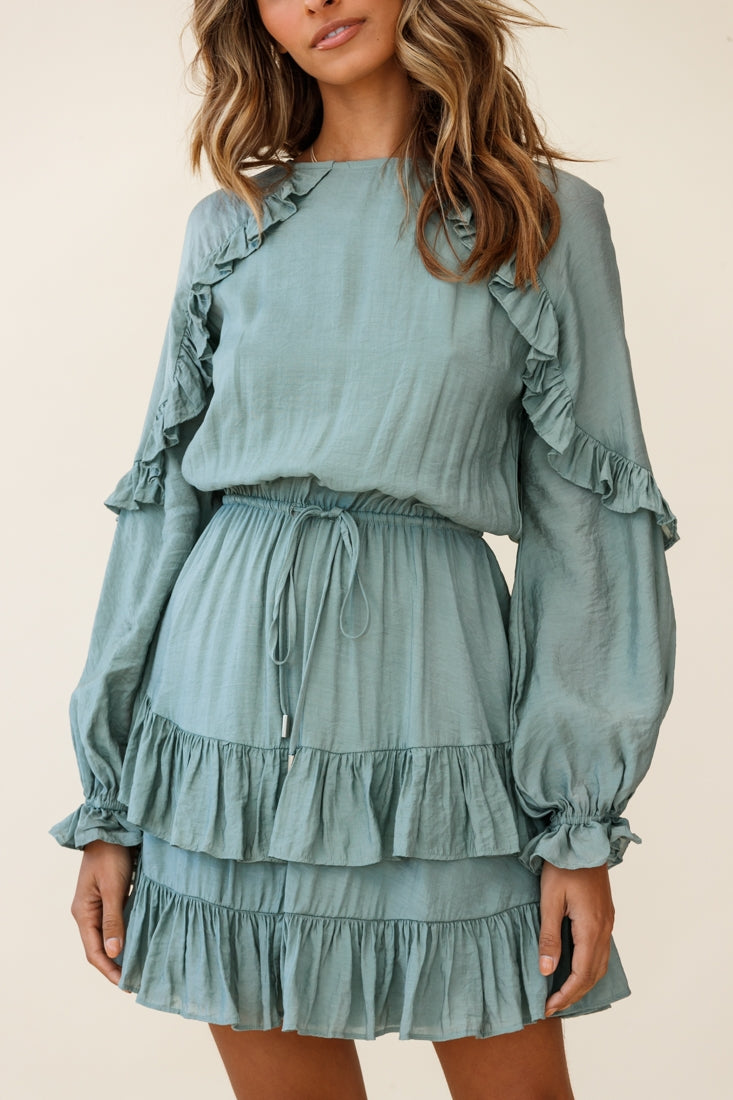 Best Wishes Long Sleeve Frill Detail Dress Olive-Maymioy