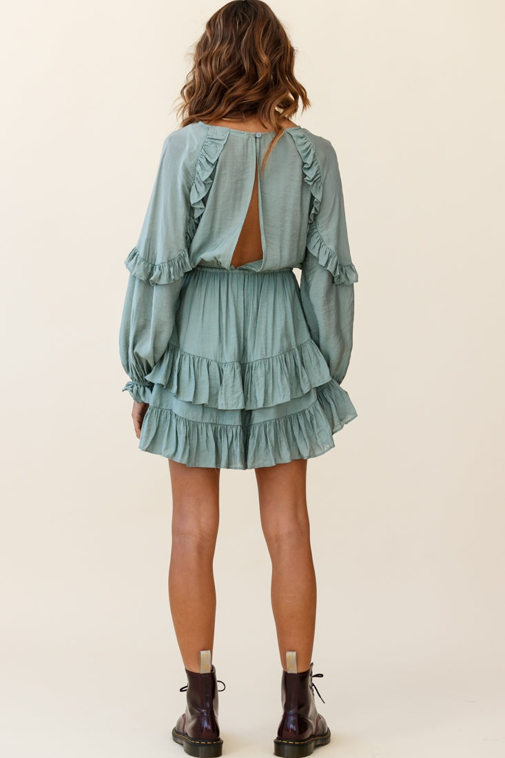 Best Wishes Long Sleeve Frill Detail Dress Olive-Maymioy