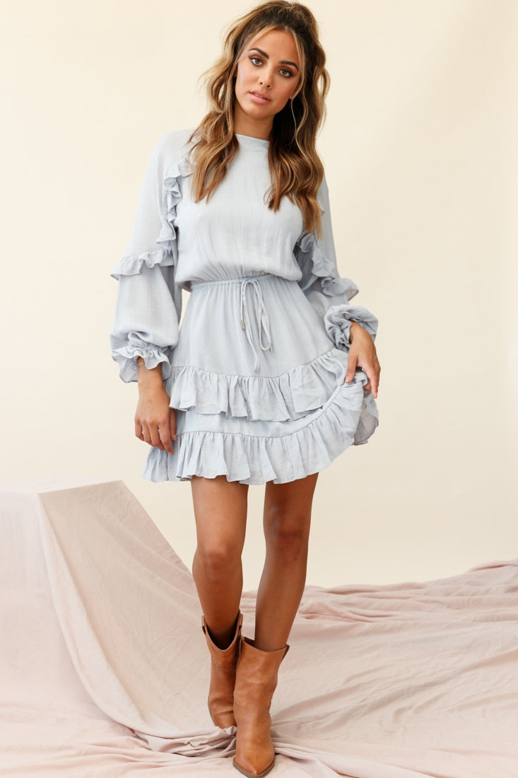 Best Wishes Long Sleeve Frill Detail Dress Grey-Maymioy