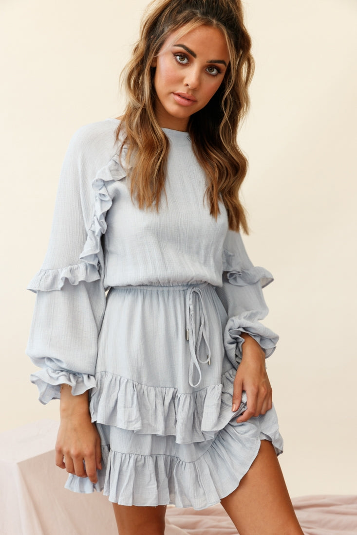 Best Wishes Long Sleeve Frill Detail Dress Grey-Maymioy