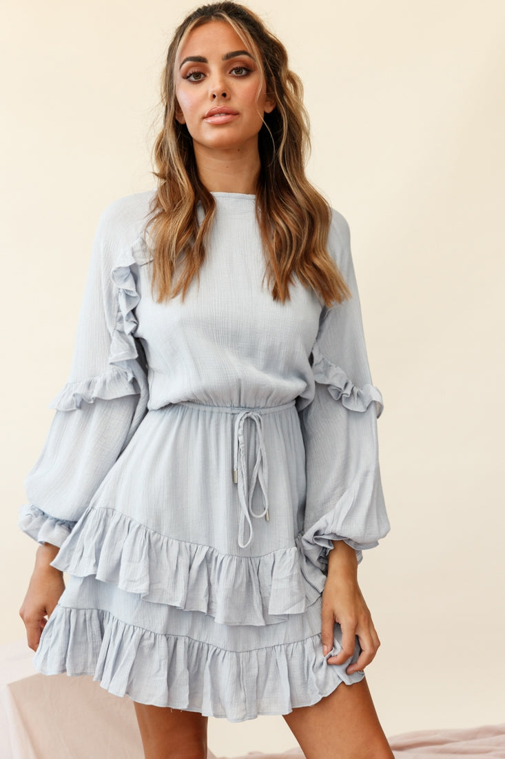 Best Wishes Long Sleeve Frill Detail Dress Grey-Maymioy