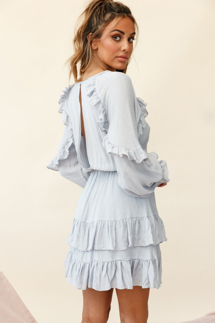 Best Wishes Long Sleeve Frill Detail Dress Grey-Maymioy