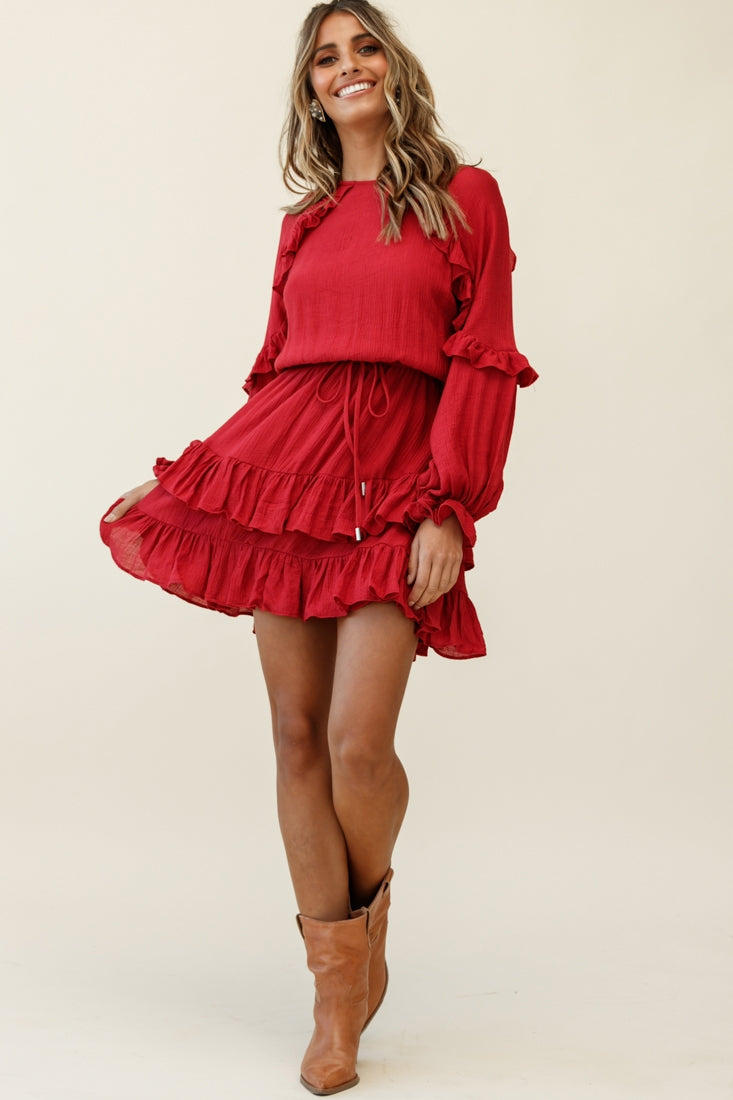 Best Wishes Long Sleeve Frill Detail Dress Wine-Maymioy