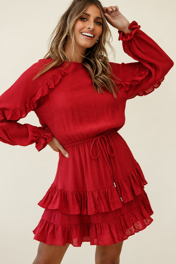 Best Wishes Long Sleeve Frill Detail Dress Wine-Maymioy