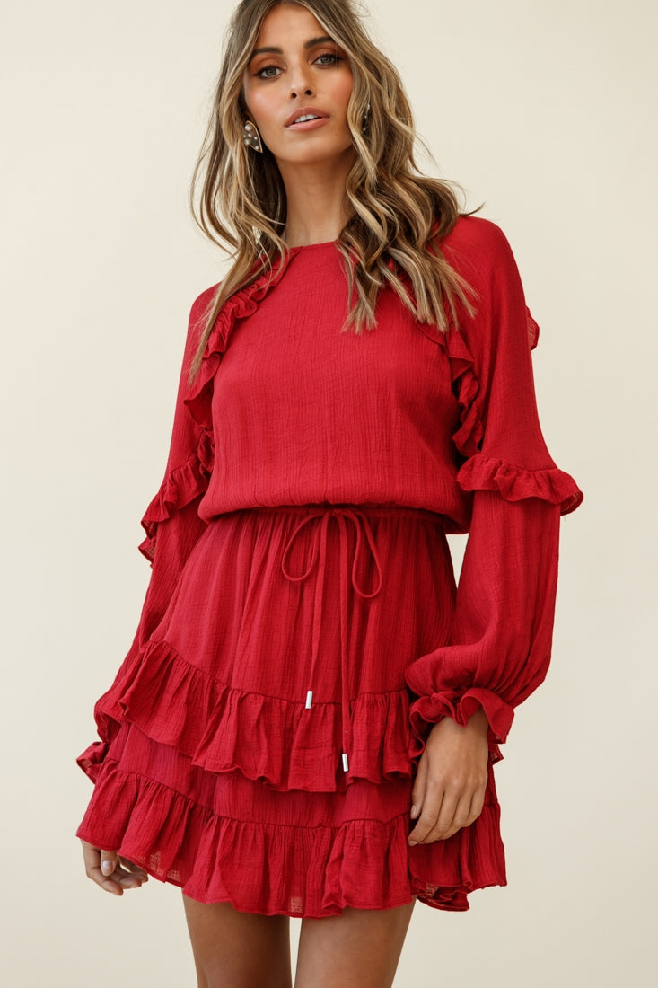 Best Wishes Long Sleeve Frill Detail Dress Wine-Maymioy