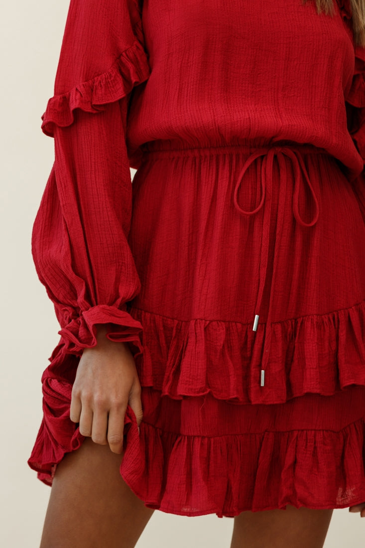 Best Wishes Long Sleeve Frill Detail Dress Wine-Maymioy