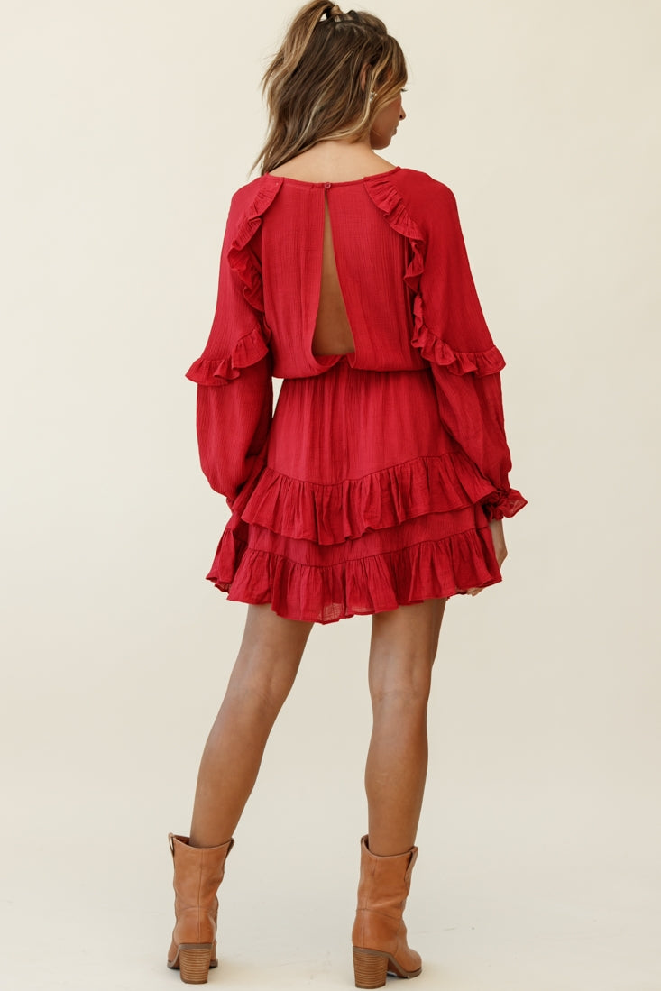 Best Wishes Long Sleeve Frill Detail Dress Wine-Maymioy