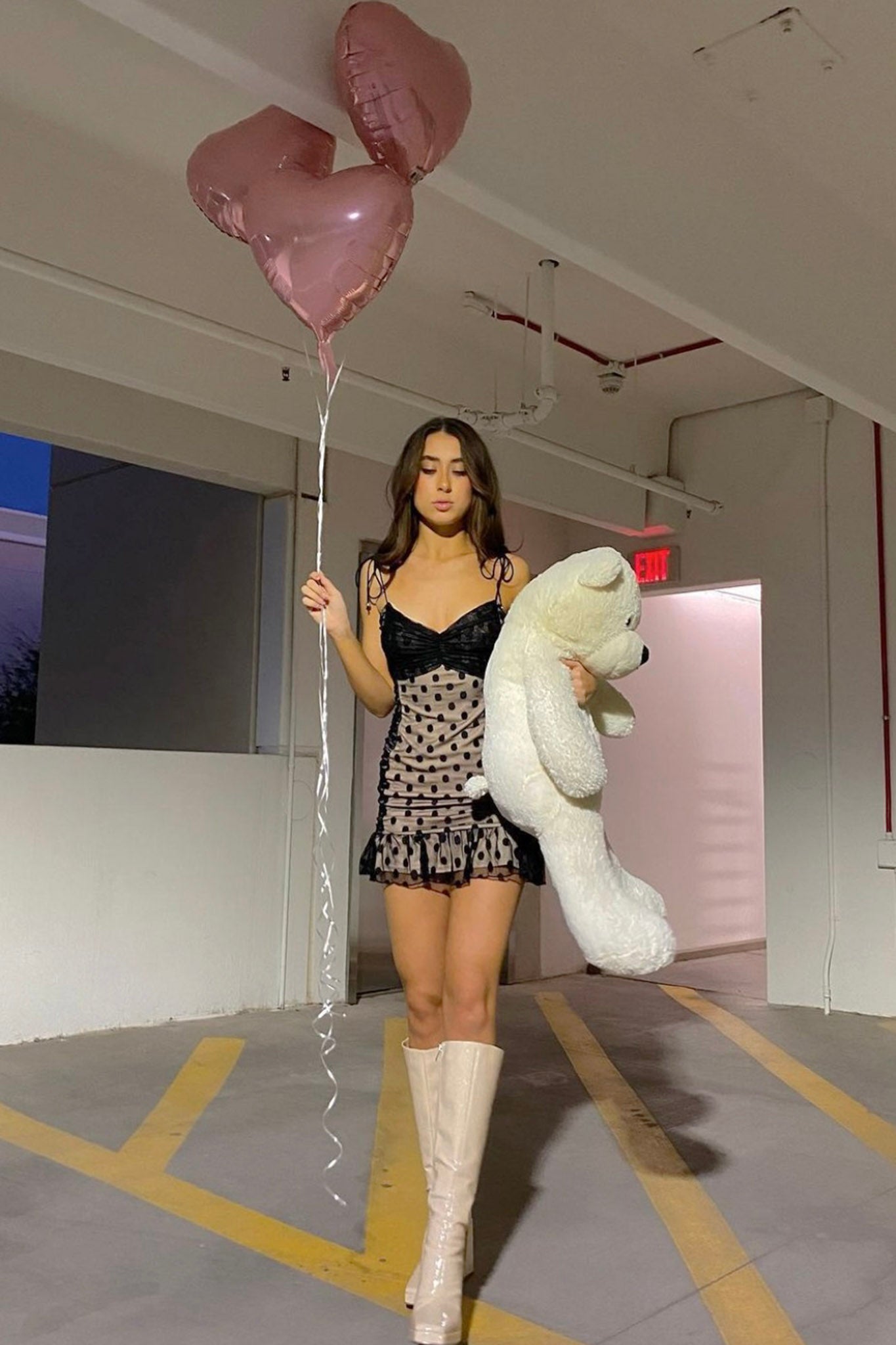 Bambi Ruched Mini Dress Polka Dot Black-Maymioy