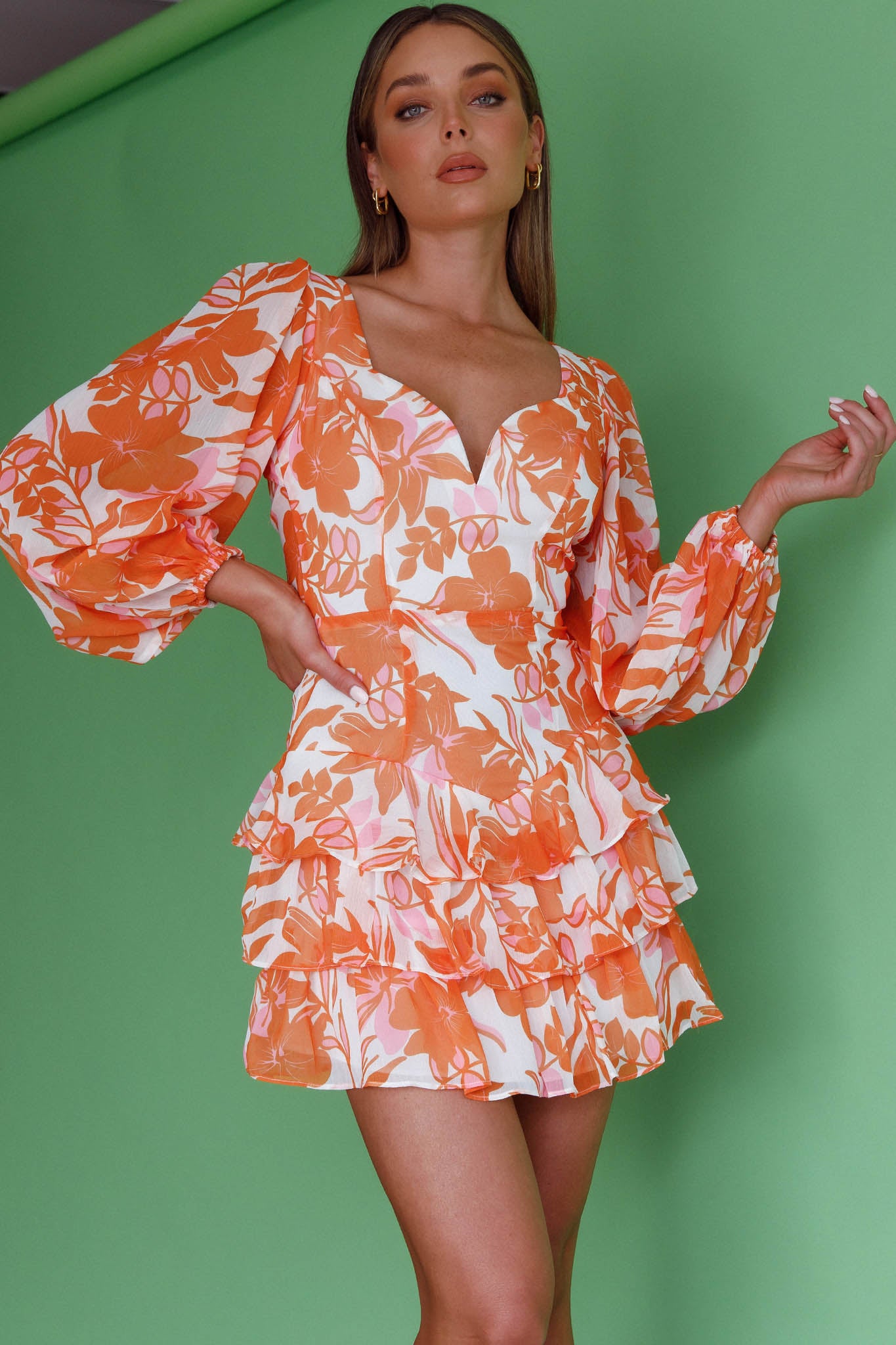Romance Novel Long Sleeve Tied Back Floral Dress Orange-Maymioy