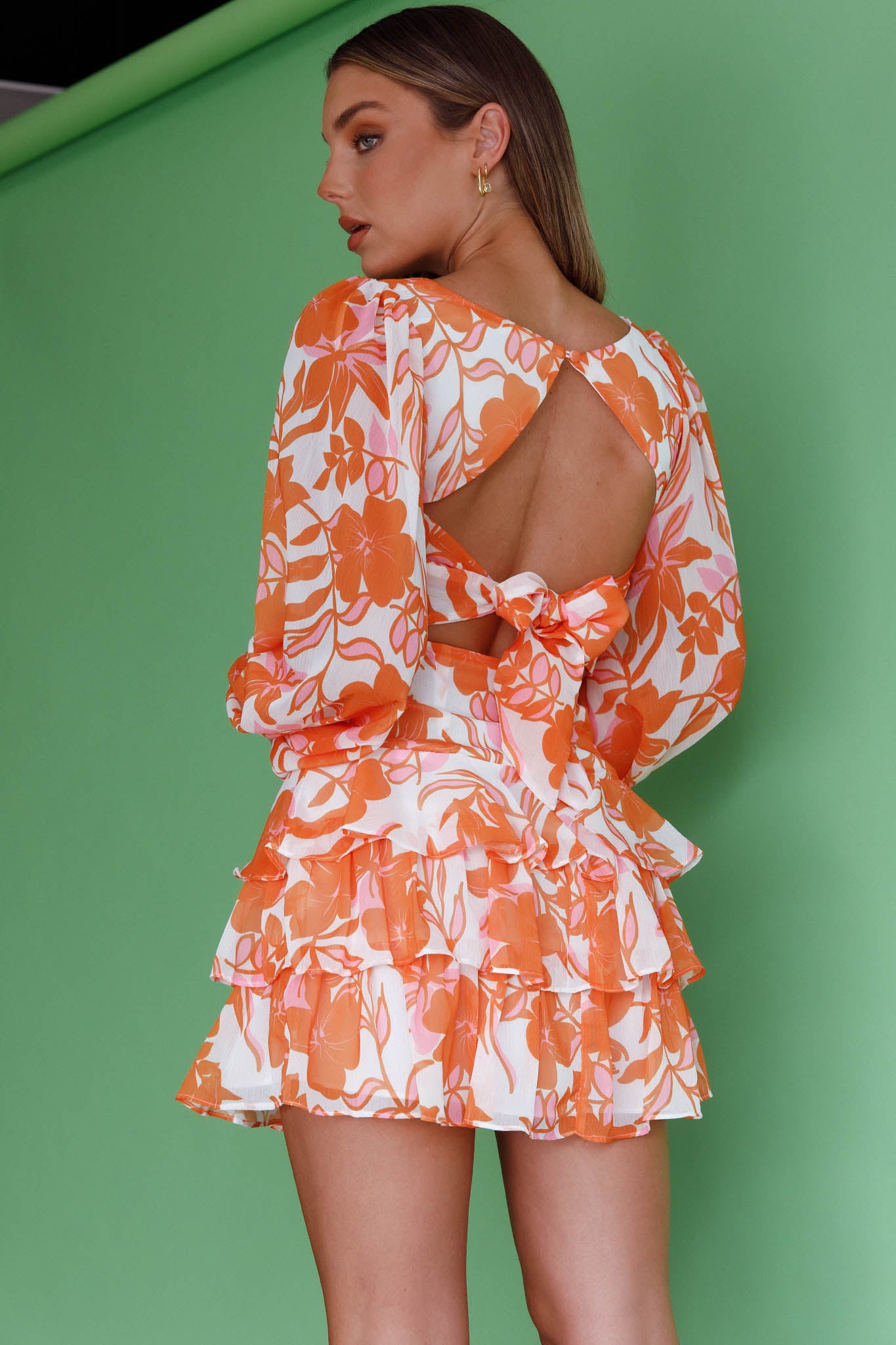 Romance Novel Long Sleeve Tied Back Floral Dress Orange-Maymioy
