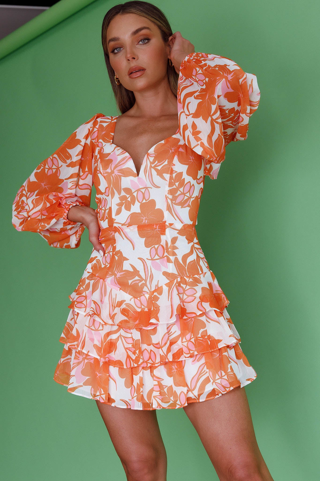 Romance Novel Long Sleeve Tied Back Floral Dress Orange-Maymioy