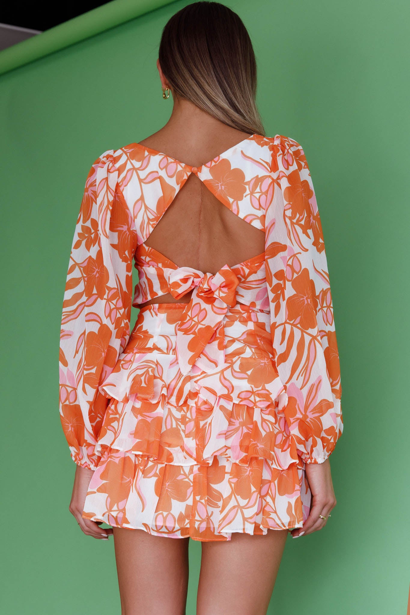 Romance Novel Long Sleeve Tied Back Floral Dress Orange-Maymioy