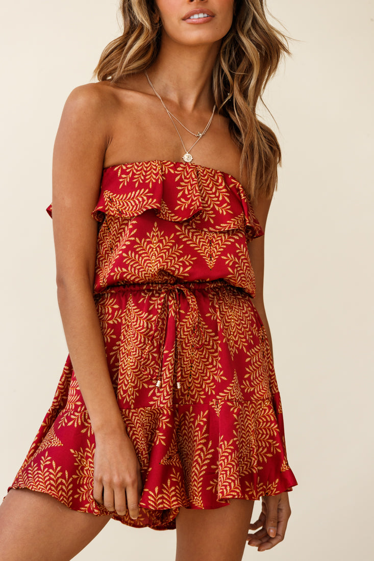 Pasadena Bandeau Tie-Back Romper Leaf Pattern Red-Maymioy