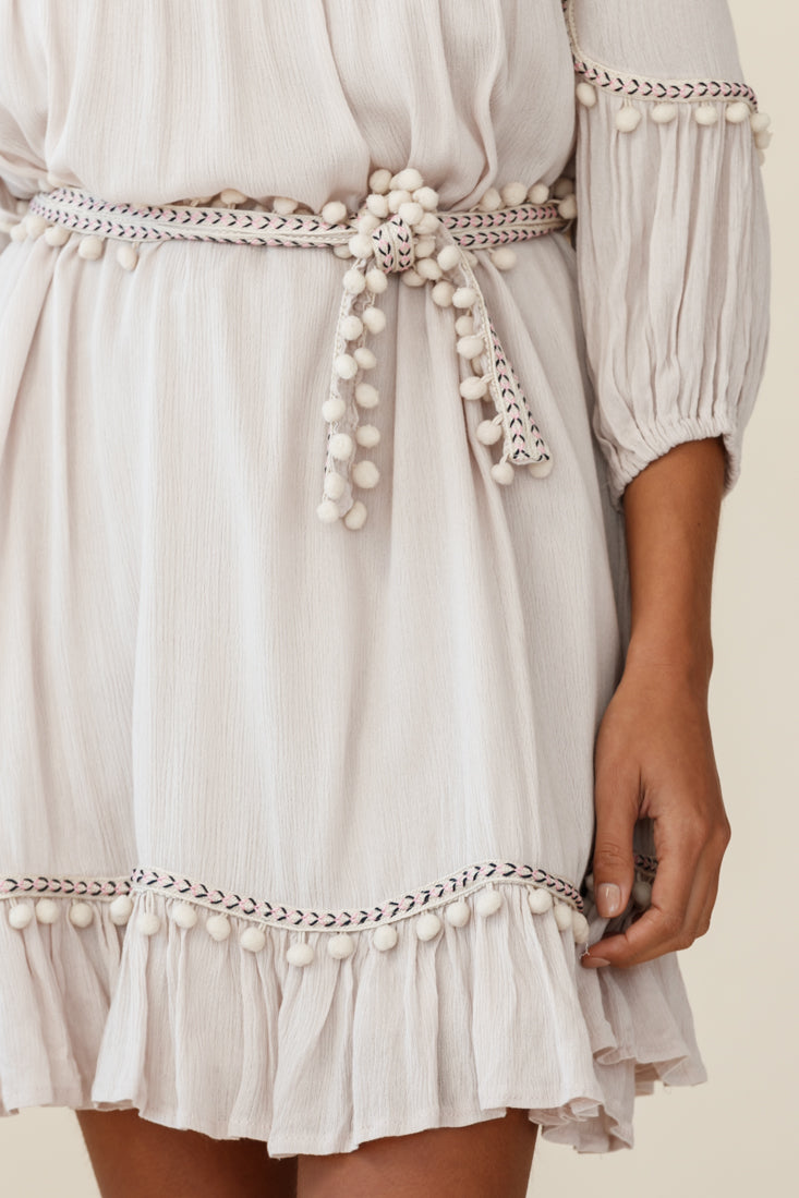 Marionette Three-Quarter Sleeve Pom-Pom Dress Beige-Maymioy
