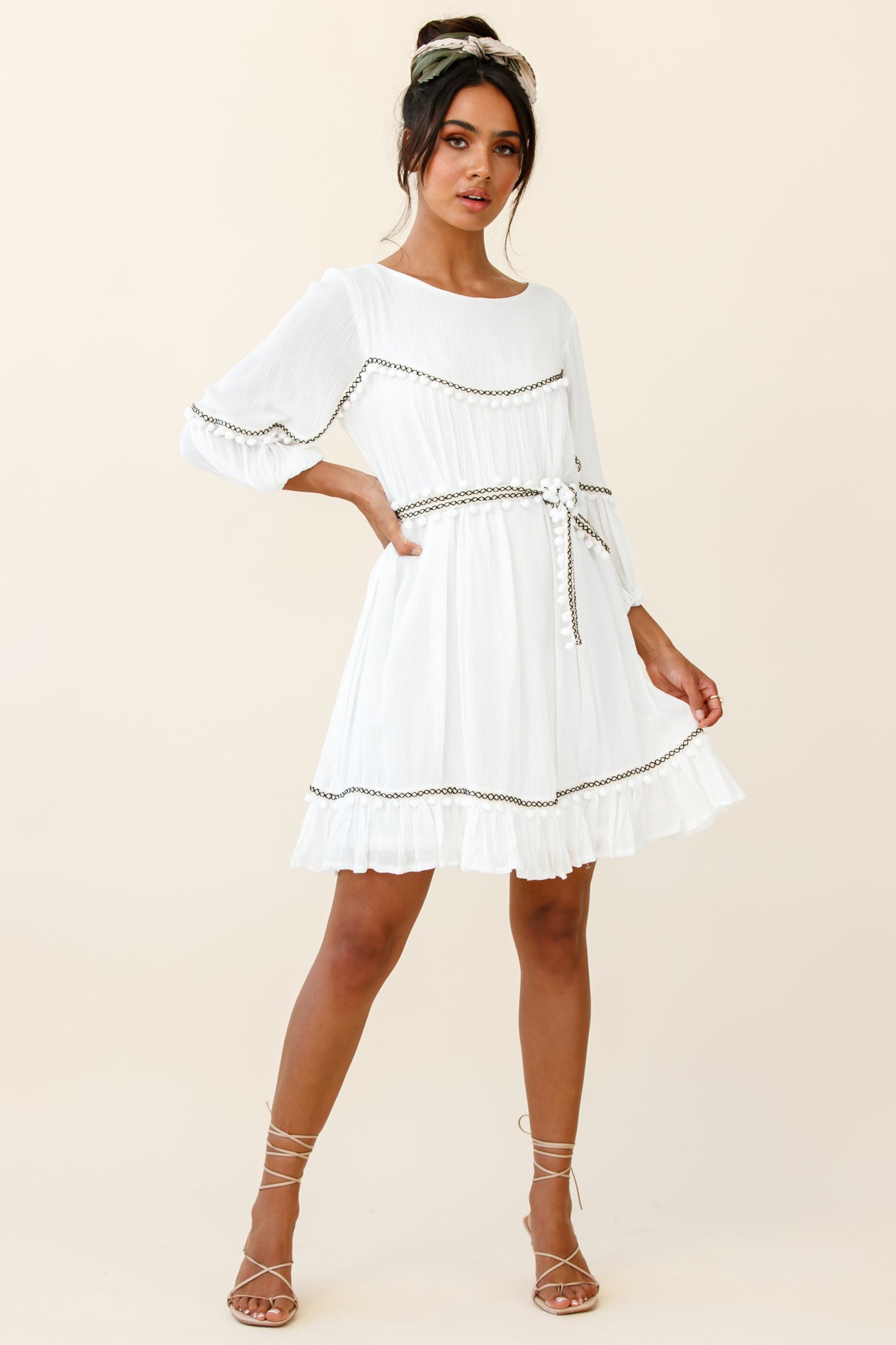 Marionette Three-Quarter Sleeve Pom-Pom Dress White-Maymioy