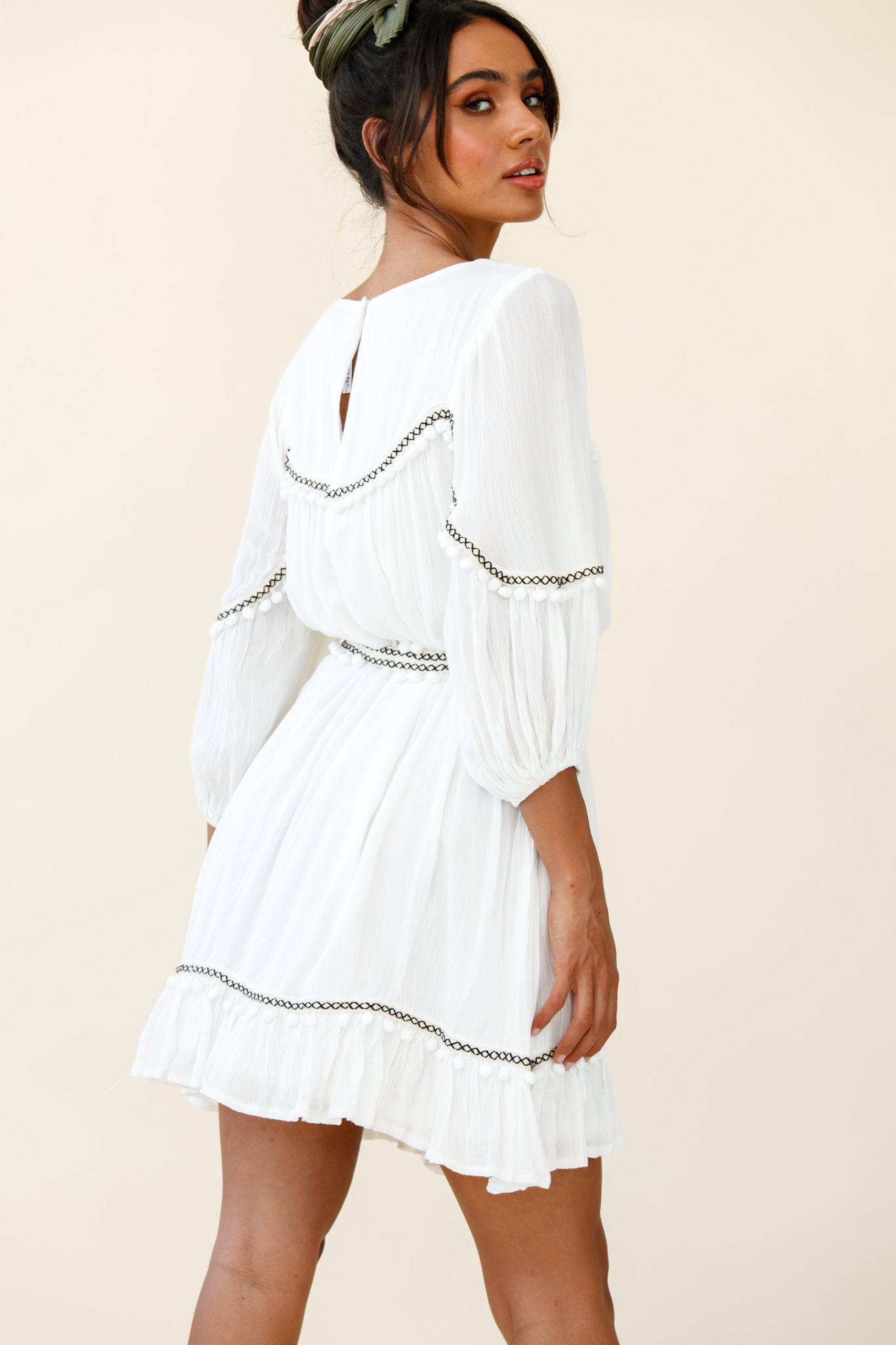 Marionette Three-Quarter Sleeve Pom-Pom Dress White-Maymioy