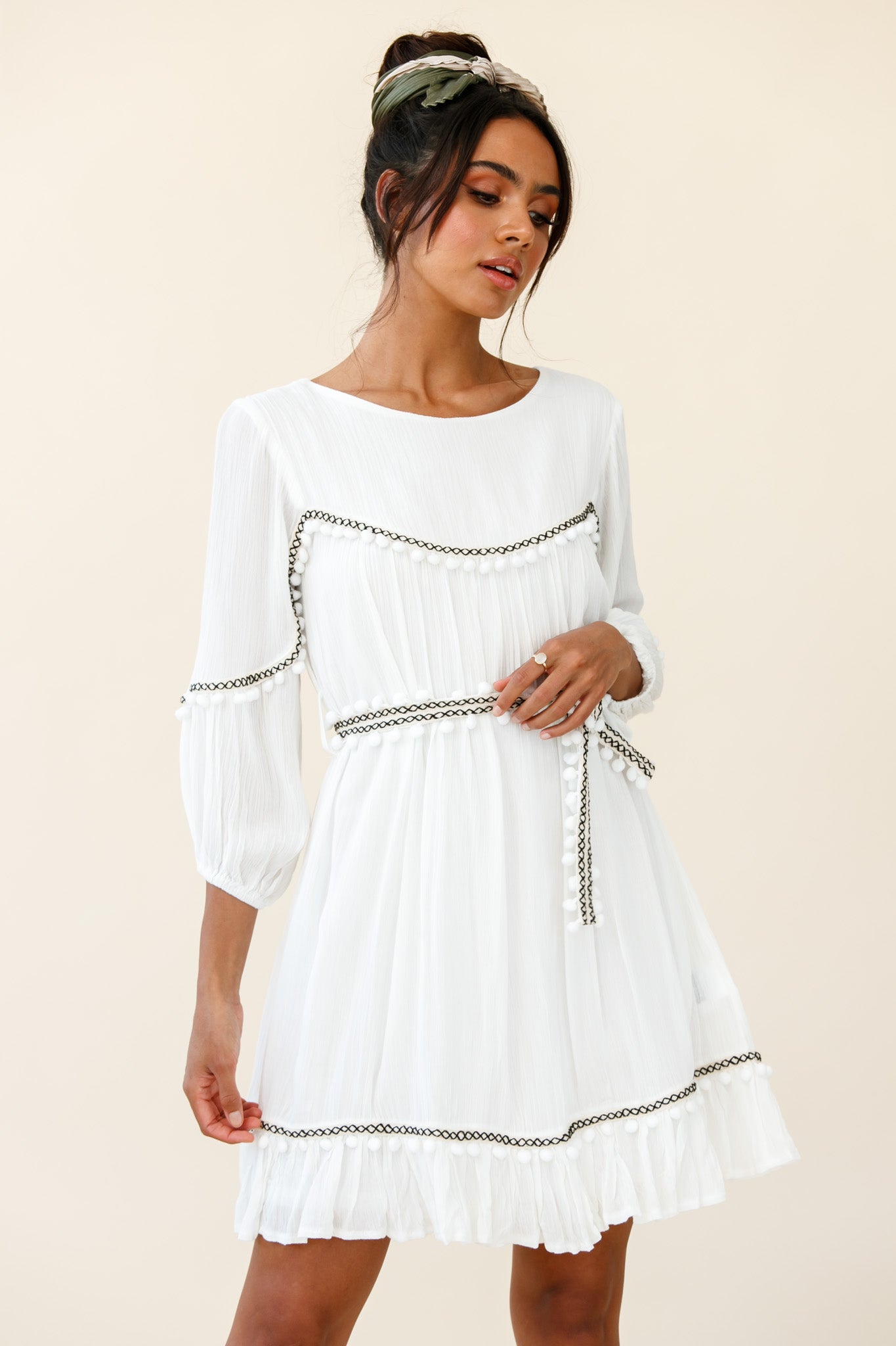 Marionette Three-Quarter Sleeve Pom-Pom Dress White-Maymioy