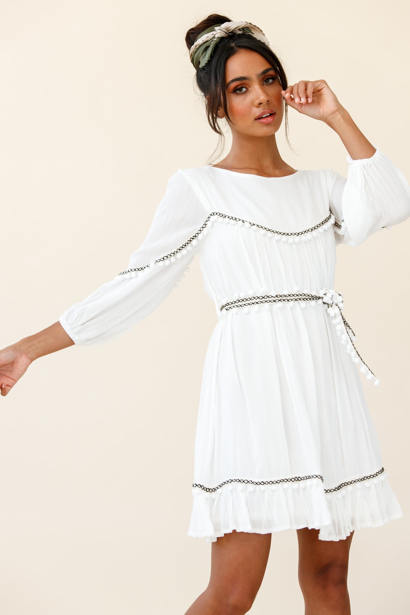 Marionette Three-Quarter Sleeve Pom-Pom Dress White-Maymioy