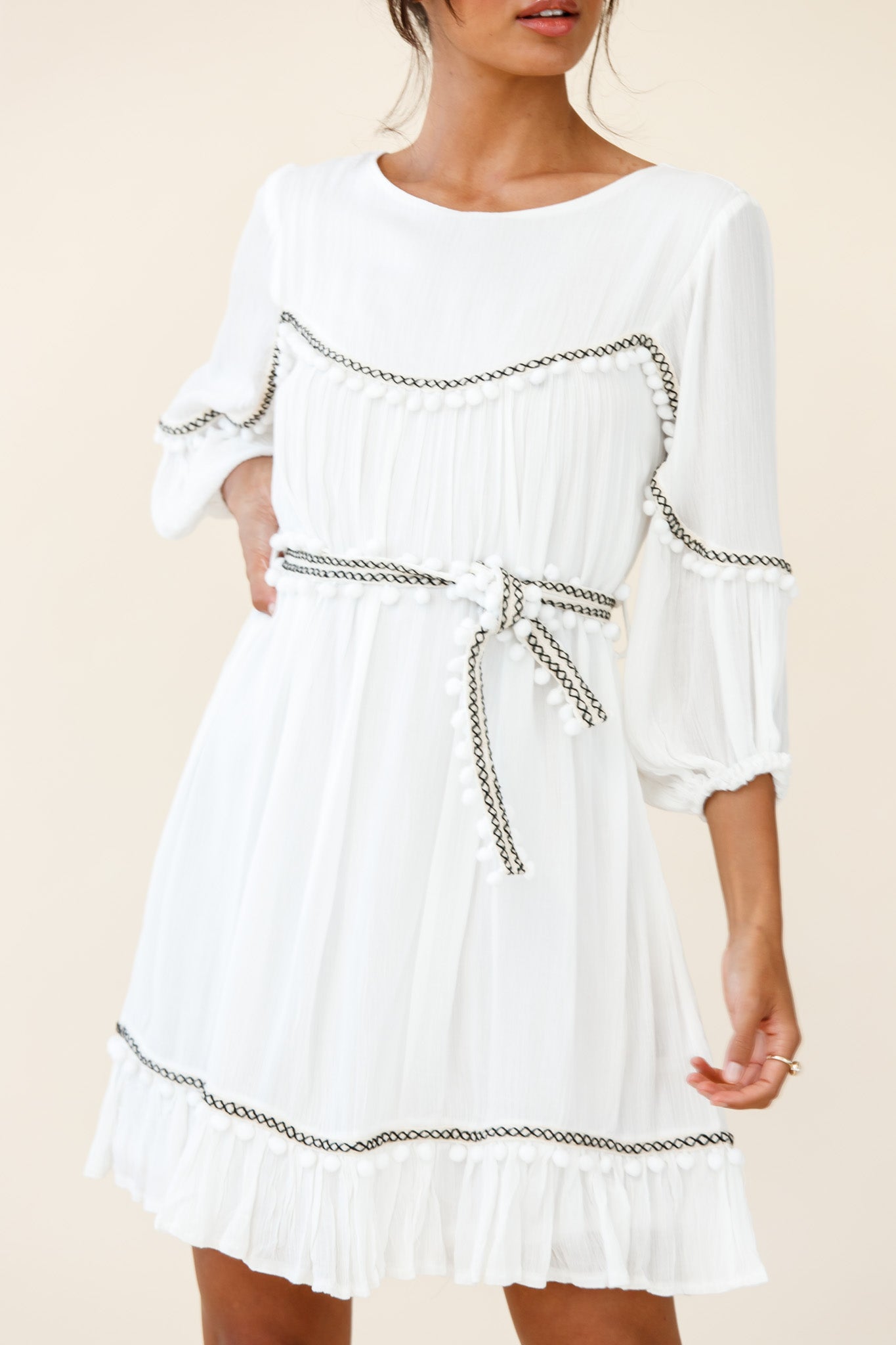 Marionette Three-Quarter Sleeve Pom-Pom Dress White-Maymioy