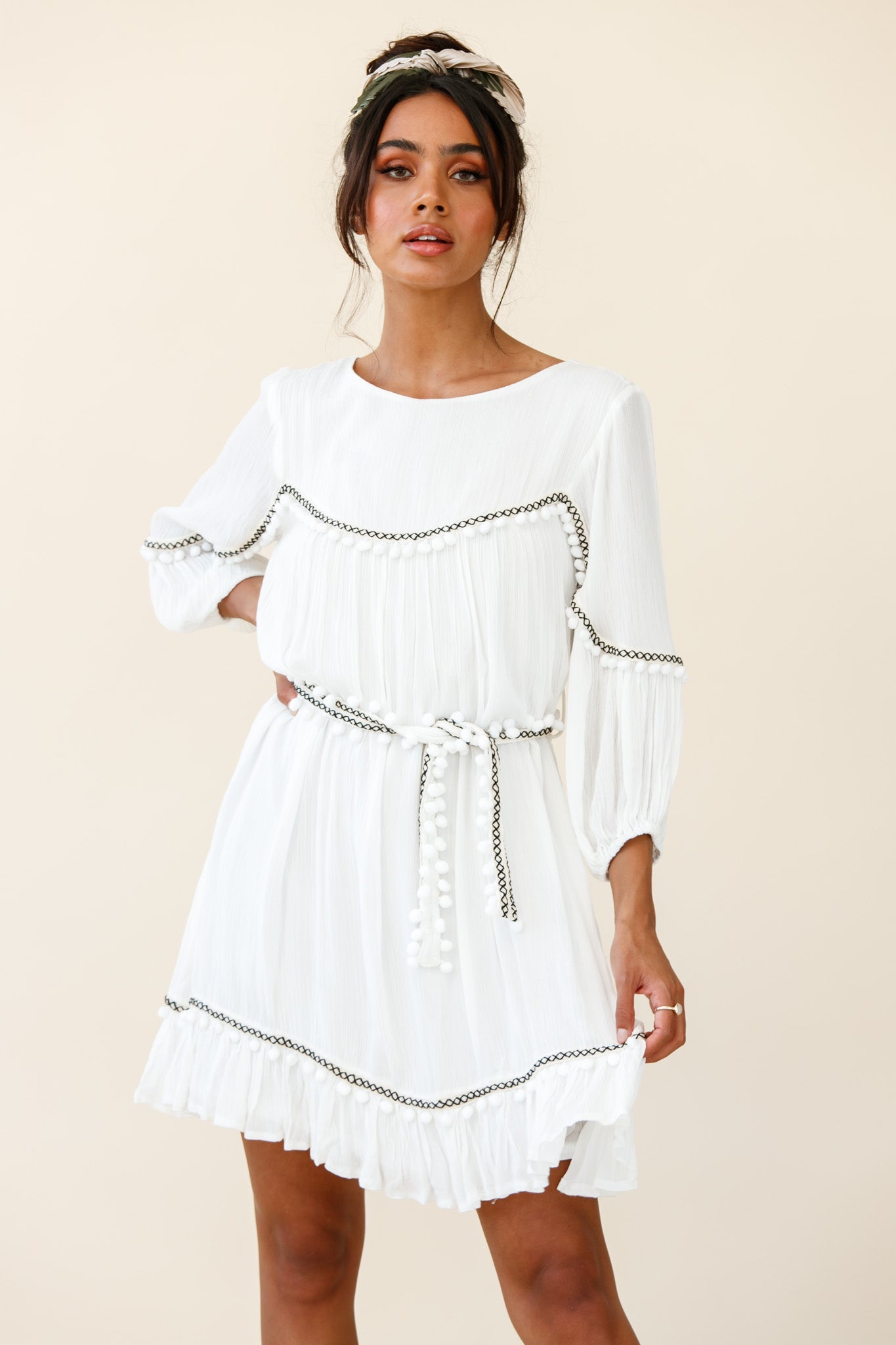 Marionette Three-Quarter Sleeve Pom-Pom Dress White-Maymioy