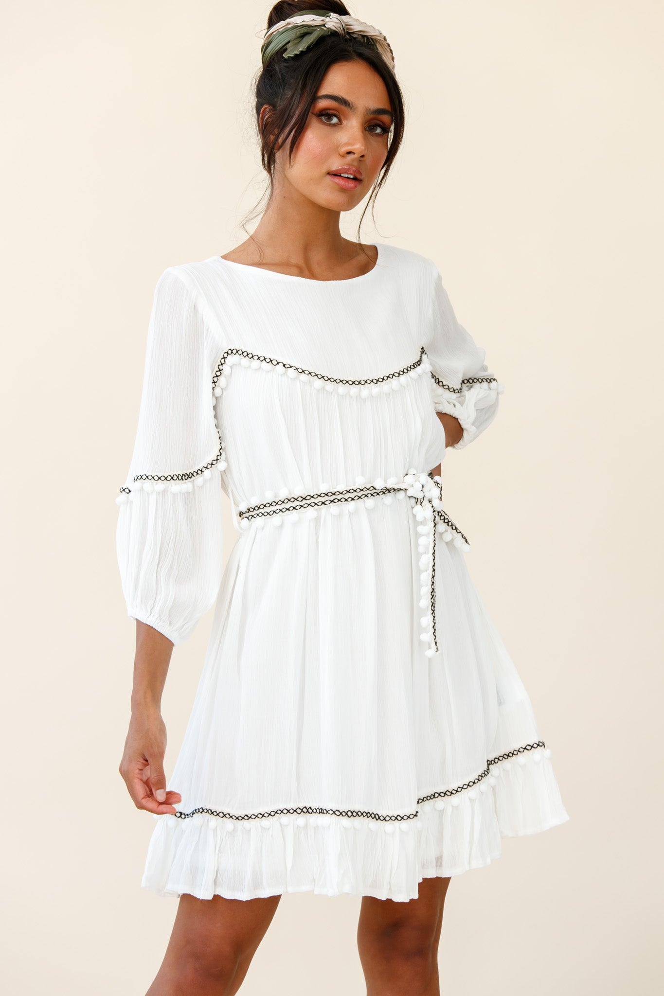 Marionette Three-Quarter Sleeve Pom-Pom Dress White-Maymioy