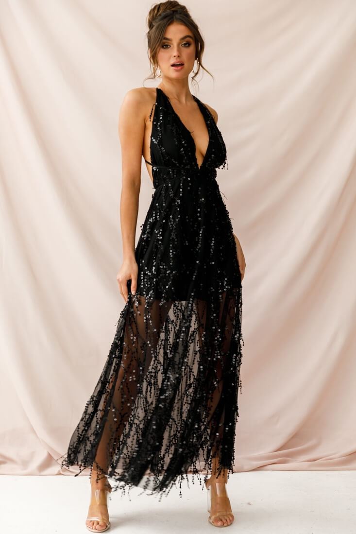 Tiara Sequin Maxi Dress Black-Maymioy