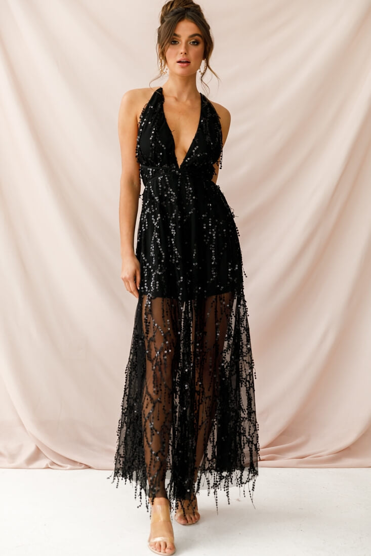Tiara Sequin Maxi Dress Black-Maymioy