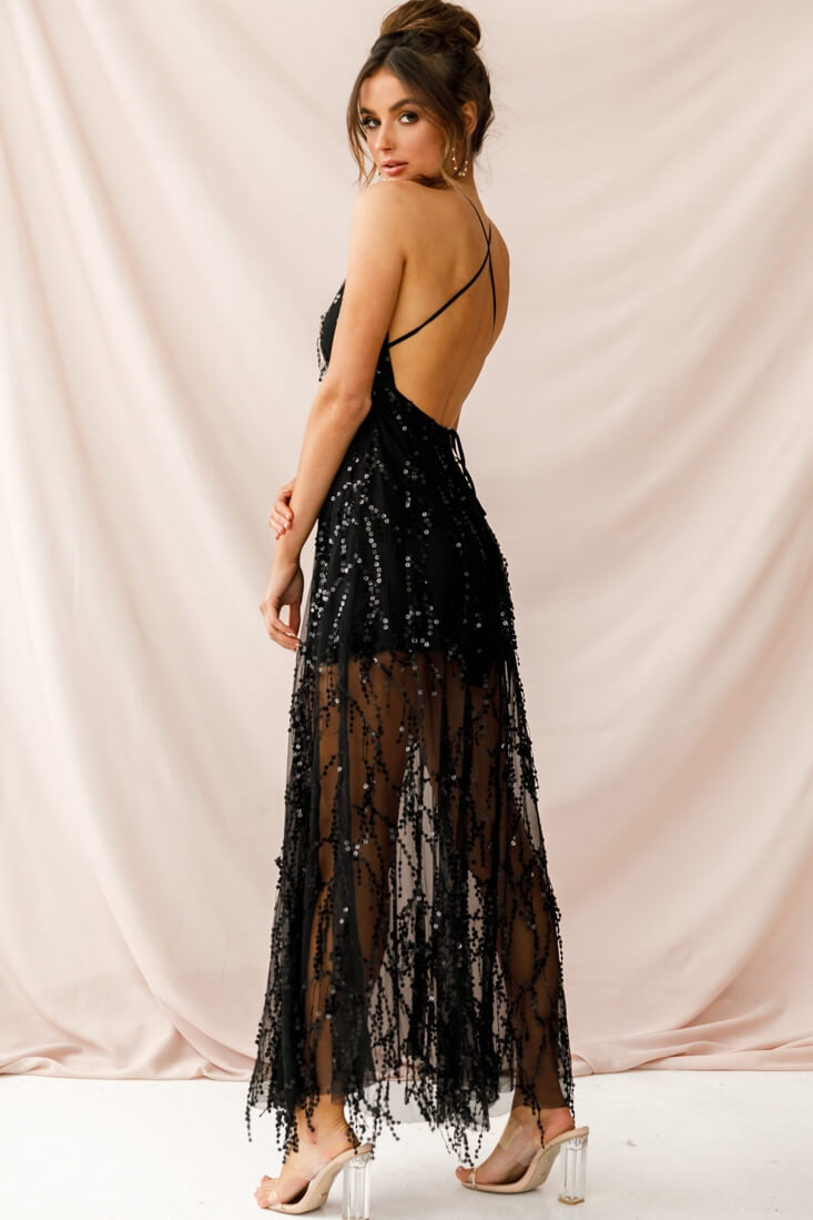 Tiara Sequin Maxi Dress Black-Maymioy
