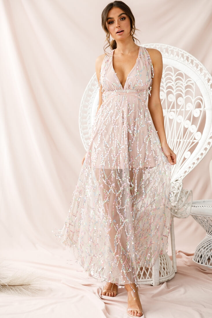 Tiara Sequin Maxi Dress Pink Champagne-Maymioy