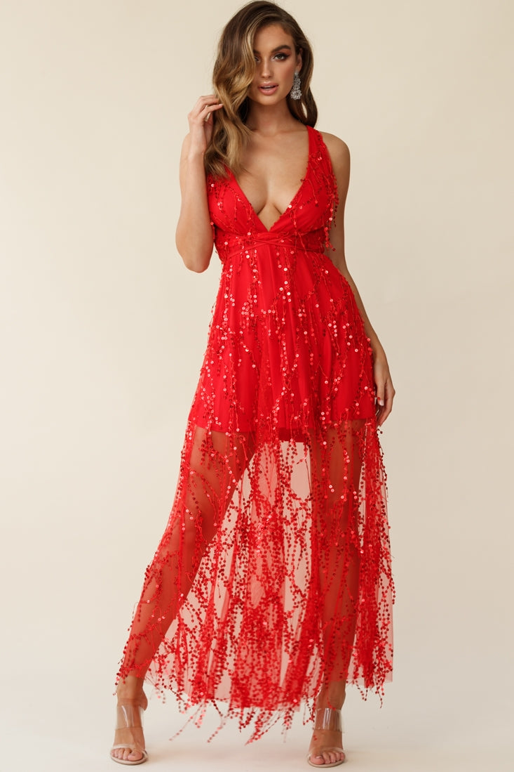 Tiara Sequin Maxi Dress Red-Maymioy